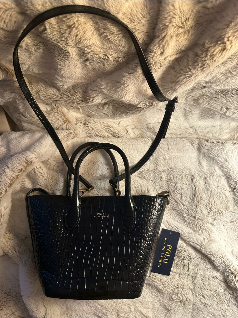 Polo by Ralph Lauren Black Croc-Embossed Mini Tote Crossbody